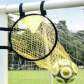 Yellow football target net attachment secured to a goal frame with a football inside the target area.