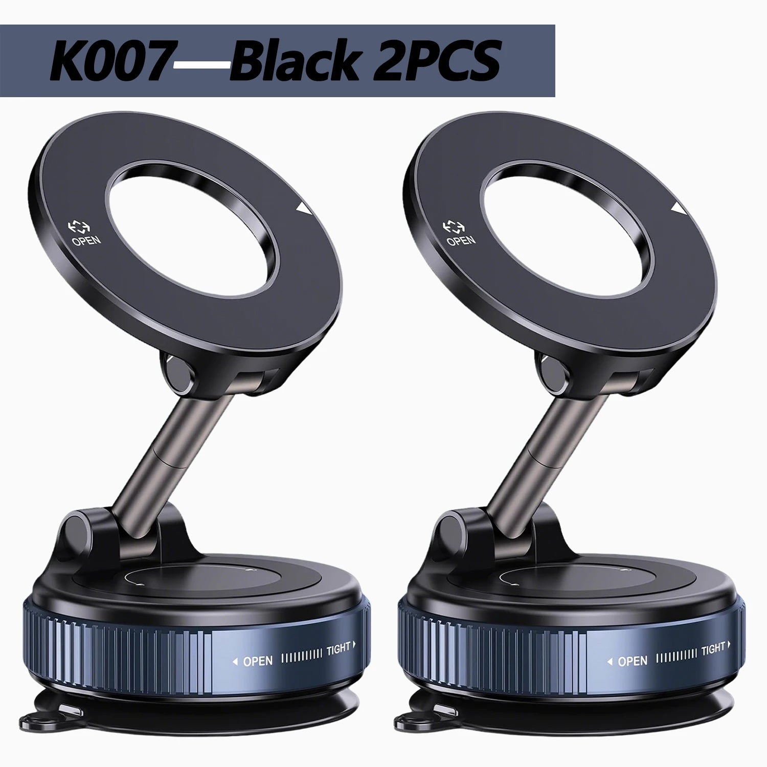 Two black, adjustable magnetic phone mounts with circular magnetic heads and rotating locking bases.