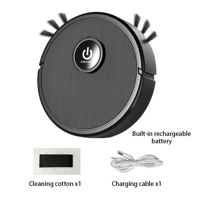 A black robot vacuum with a central power button, side brushes, cleaning cotton, and a charging cable.
