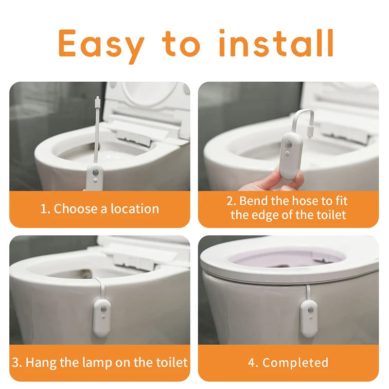 Four-step guide showing how to attach a white, rechargeable motion-sensor toilet light to a bathroom bowl.