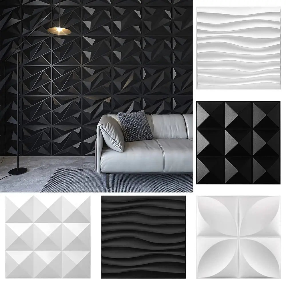 Waterproof 3D wall panels in black and white with geometric diamond, wave, and petal designs for modern decor.