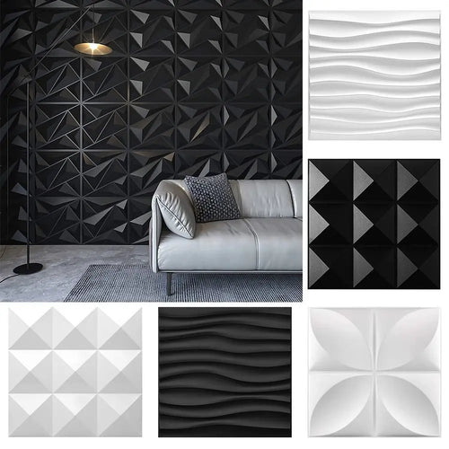 Waterproof 3D wall panels in black and white with geometric diamond, wave, and petal designs for modern decor.