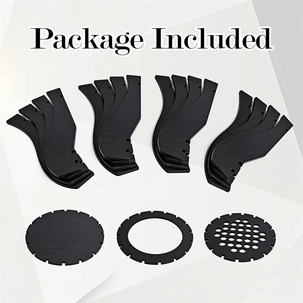 Black wooden DIY display stand components, including curved support arms and round base plates with pre-cut notches.