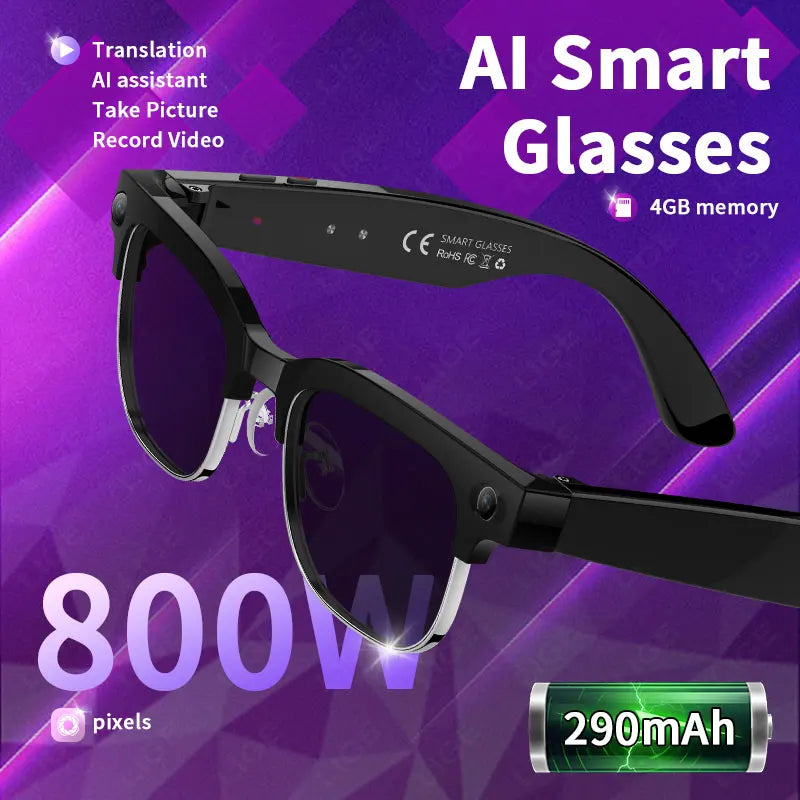 Stylish black smart glasses featuring an integrated camera, translation capabilities, and AI assistant functionality.