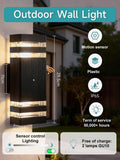 Modern black rectangular outdoor wall light with motion sensor, IP65 rating, and upward/downward LED illumination.