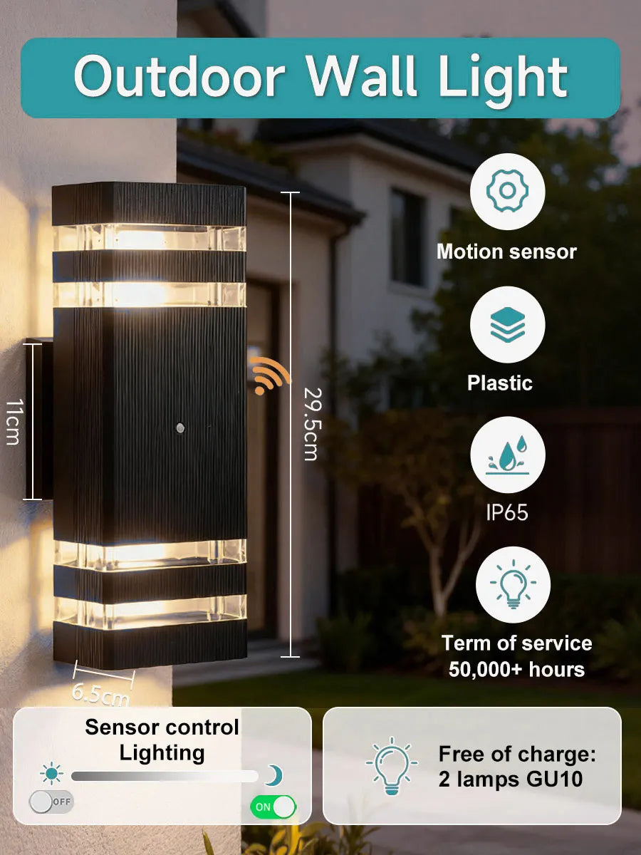 Modern black rectangular outdoor wall light with motion sensor, IP65 rating, and upward/downward LED illumination.