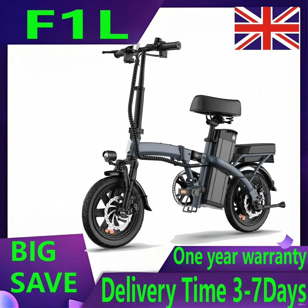 Grey foldable electric bike with small wheels, vertical battery pack below the seat, and front headlight.