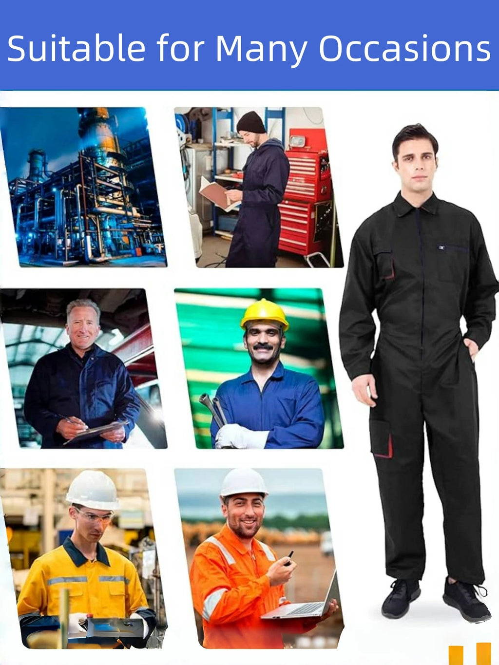 Black heavy-duty mechanic coveralls with a collared zip-front design and practical side pockets.