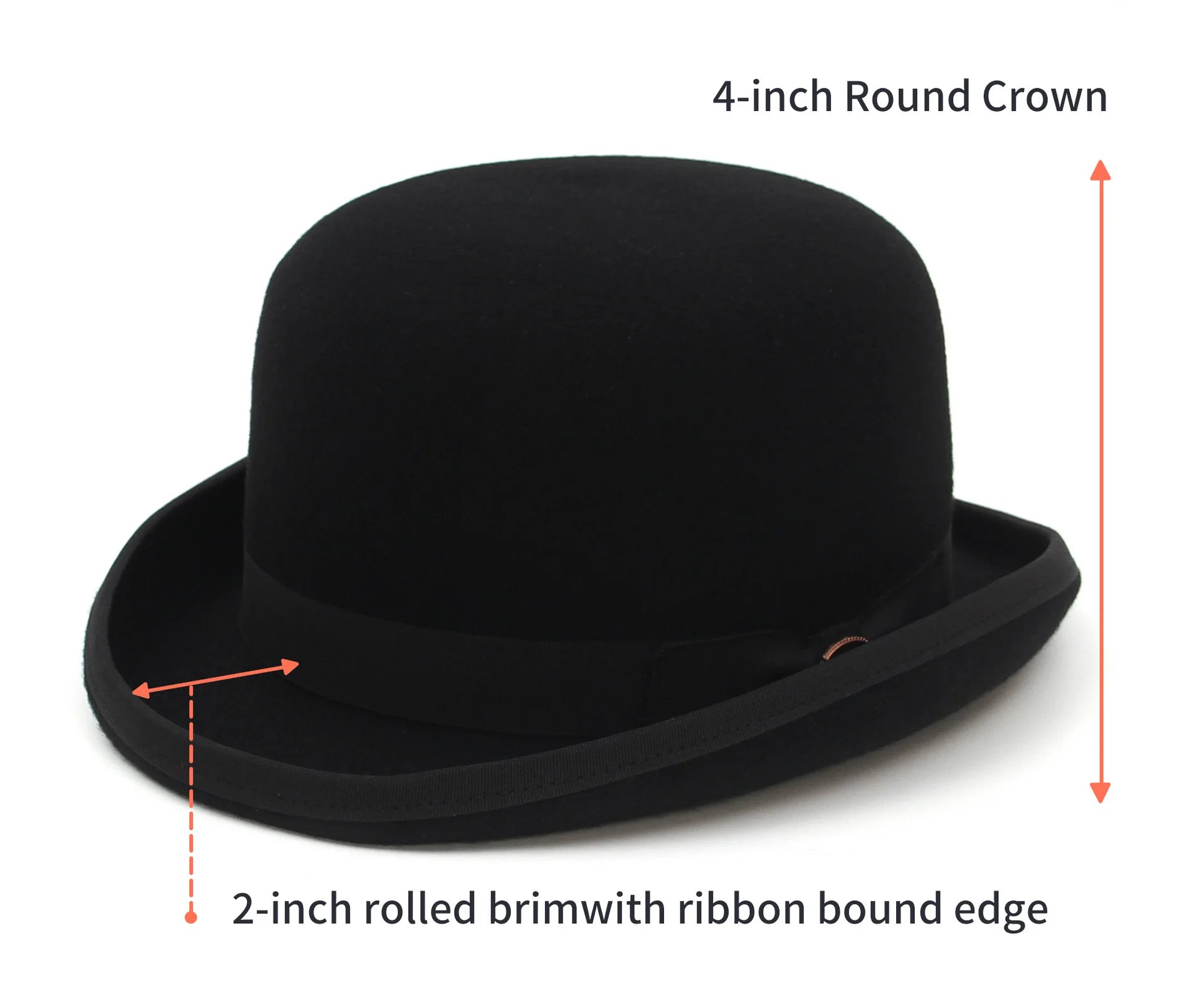 Classic black wool bowler hat with a 4-inch round crown and 2-inch rolled brim featuring a ribbon-bound edge.