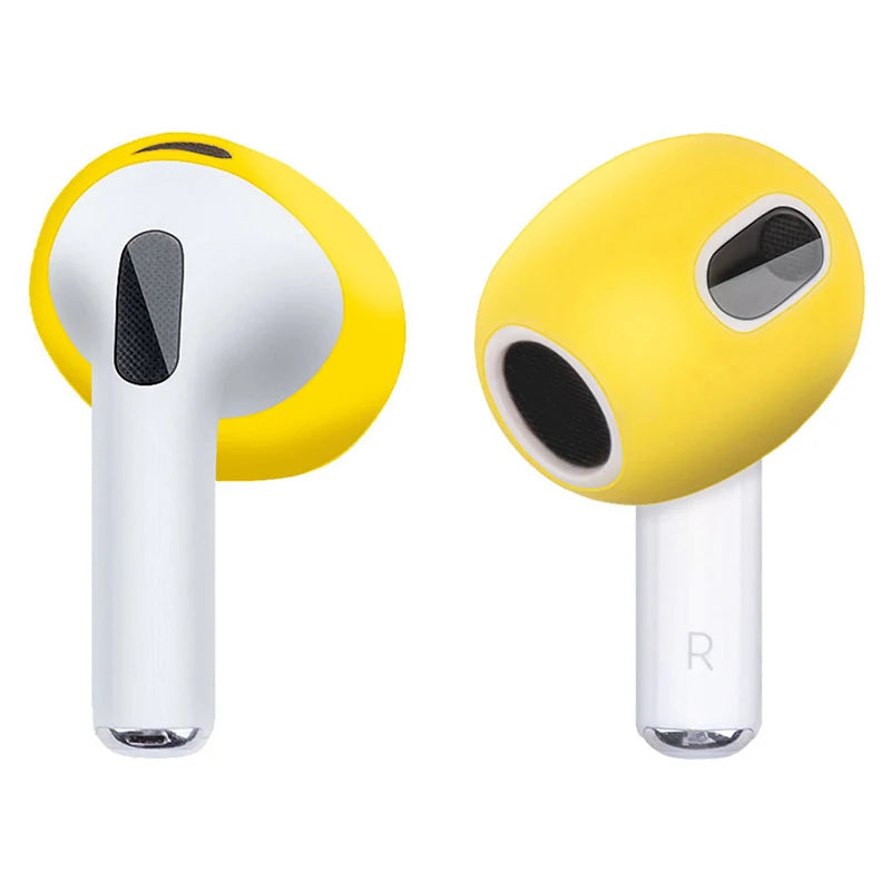 Bright yellow silicone covers for AirPods 3, protecting the earbud head.