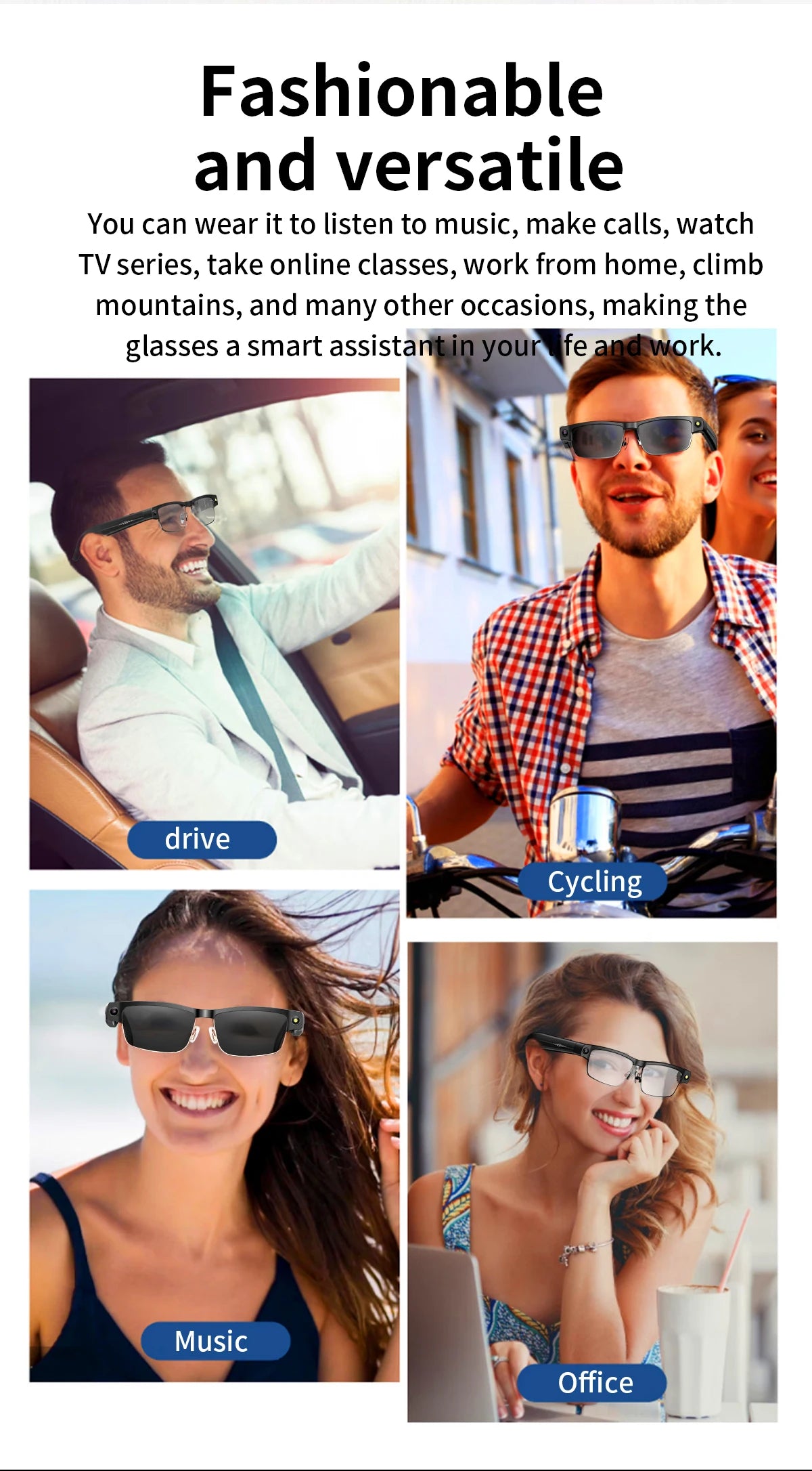 Stylish black smart glasses with integrated camera, shown being worn in various lifestyle settings.