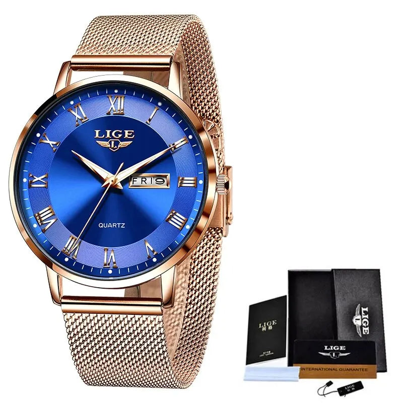 Elegant women’s rose gold mesh bracelet watch featuring a circular, vibrant blue dial with Roman numerals and day-date.