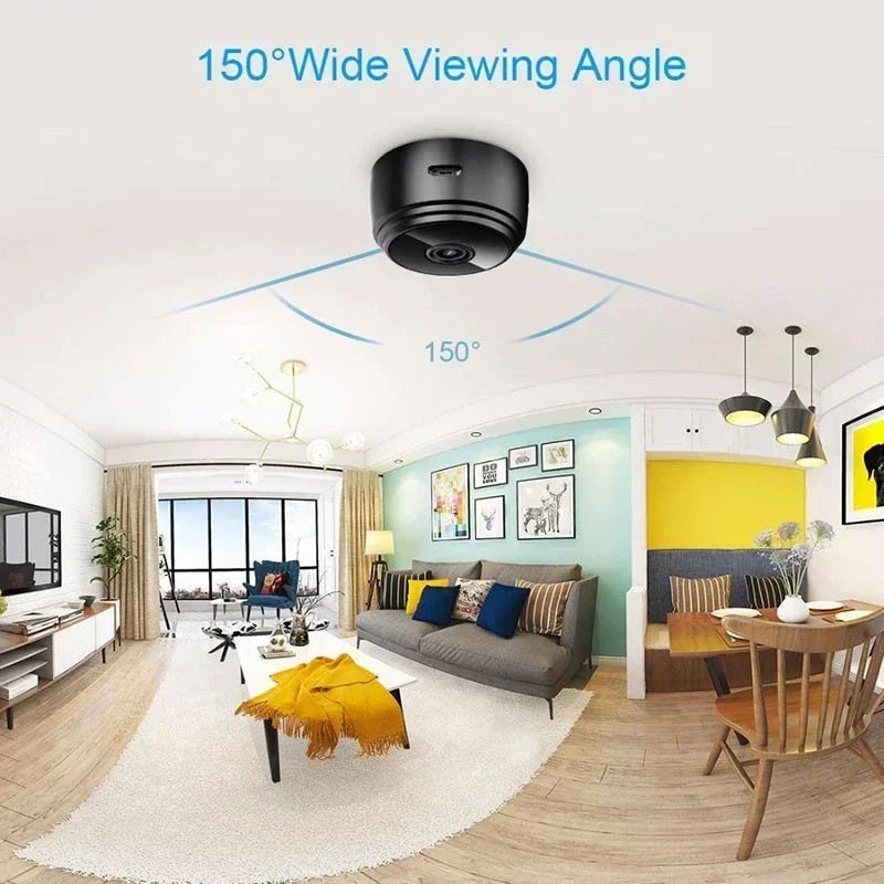 Black plastic mini security camera mounted on a ceiling, featuring a 150-degree wide-angle lens.