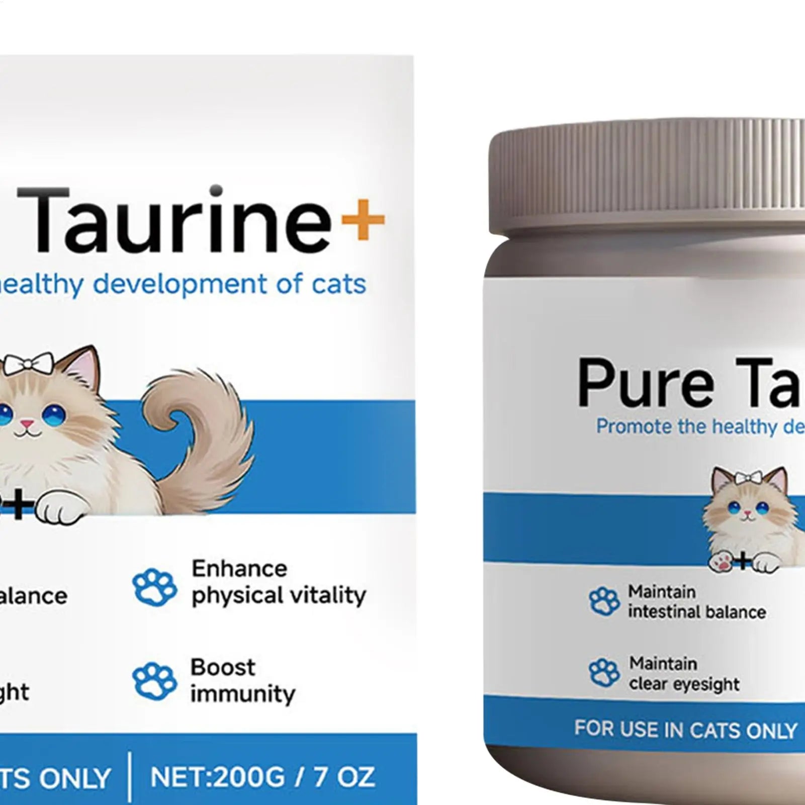200g tub of cat taurine supplement featuring a white label with blue accents and an illustration of a fluffy cat.