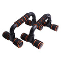 Pair of black and orange push-up bars with foam-padded handles, isolated on a white background.