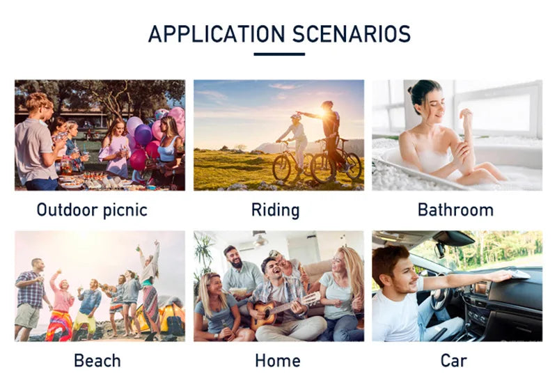 Six lifestyle images showing the portable Bluetooth speaker in use at a picnic, cycling, bathroom, beach, home, and car.