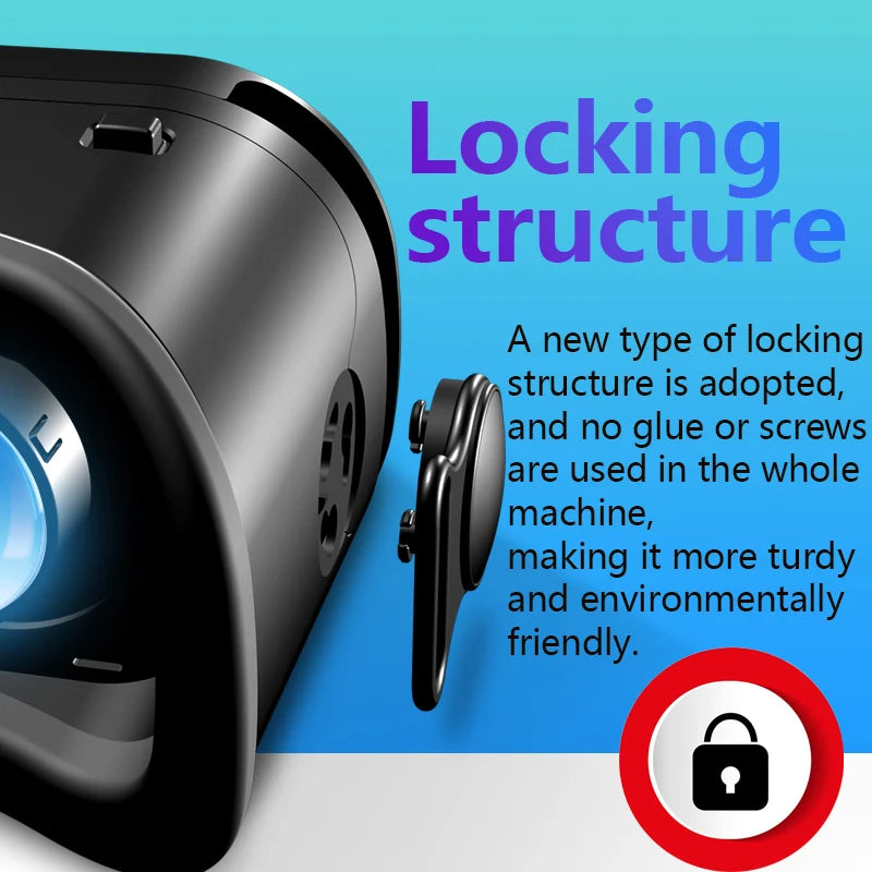 Black VR headset showcasing its screwless locking structure with an exploded component and padlock icon.