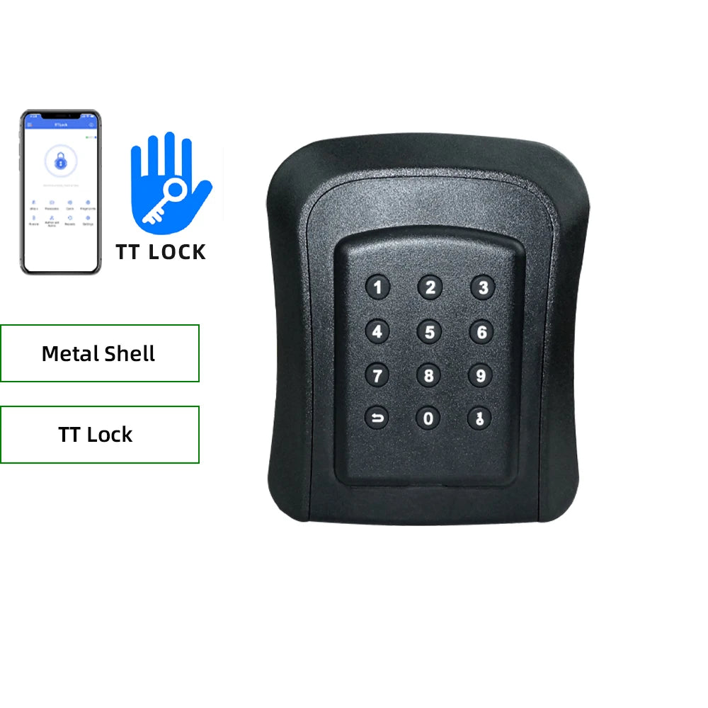 Black metal smart key lock box with a digital number keypad, compatible with the TT Lock mobile app.