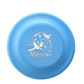 A bright blue plastic dog fetch disc featuring a graphic of a dog catching a frisbee.