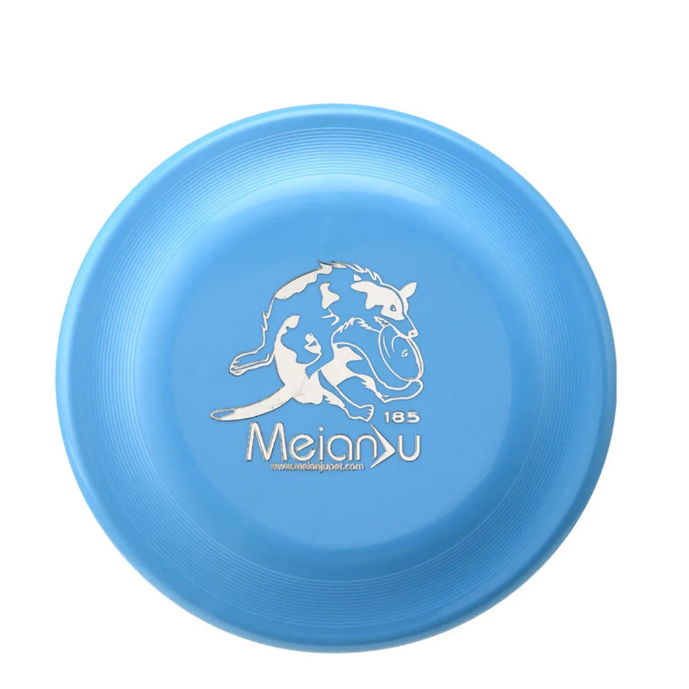 A bright blue plastic dog fetch disc featuring a graphic of a dog catching a frisbee.