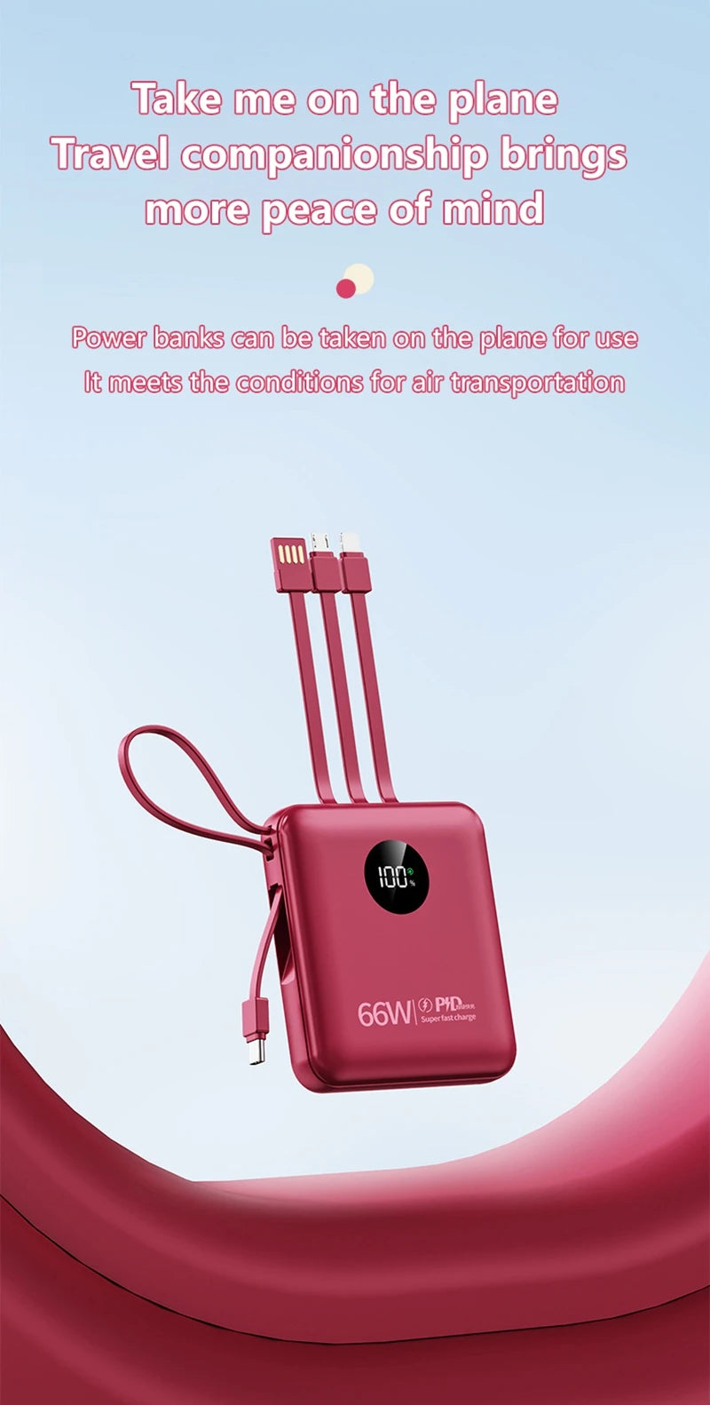 A compact dark red power bank with an LED display, integrated charging cables, and a side carry strap.
