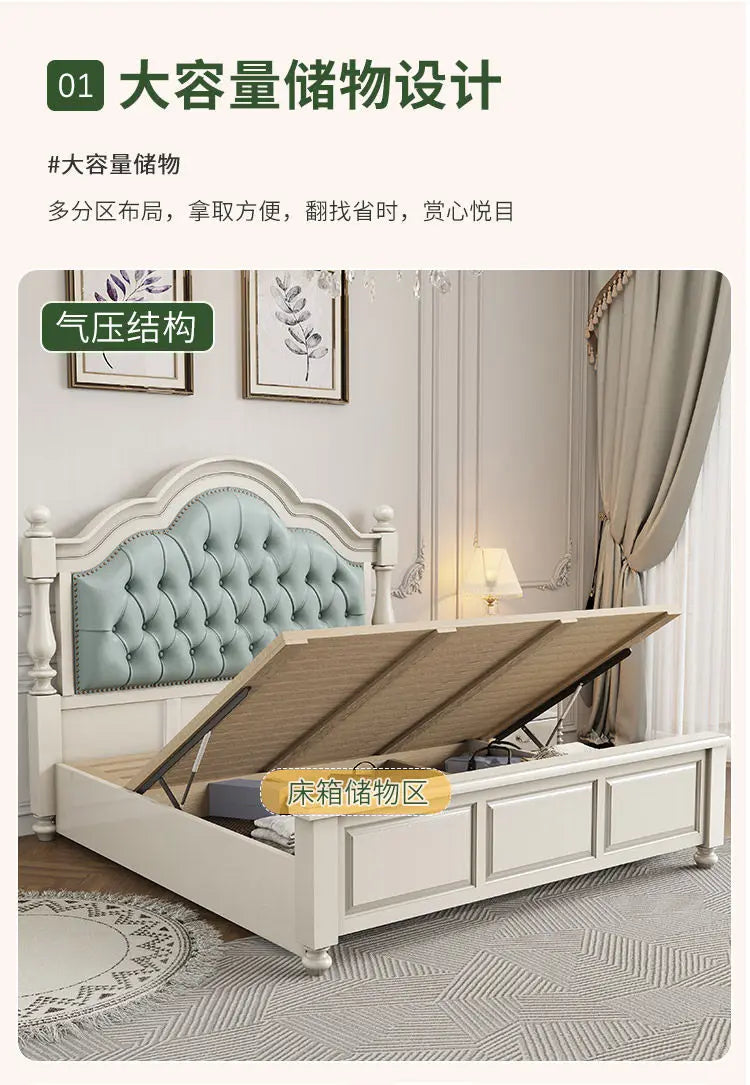 Cream-coloured wooden double bed with a button-tufted sage green headboard and convenient gas-lift storage base.