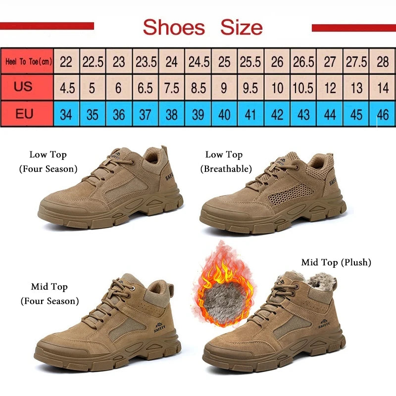 Brown cowhide work boots with lace-up closure, steel toes, and chunky anti-slip lug soles, shown in various styles.