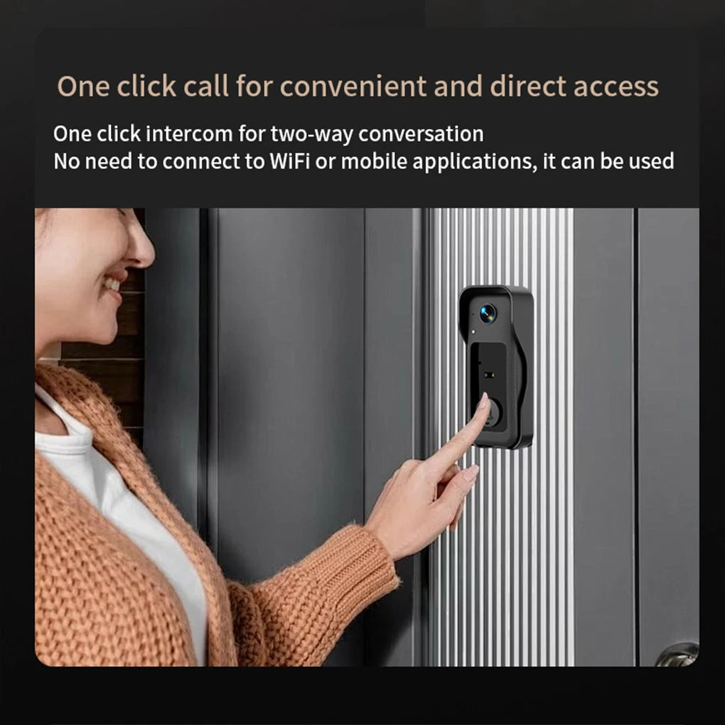 A woman pressing the button on a sleek, black wireless video doorbell mounted on a modern grey door.