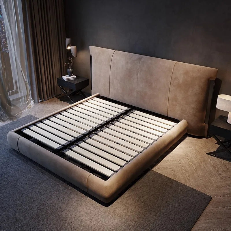 Modern Nordic-style double bed frame upholstered in beige fabric with a high headboard and wooden slatted base.