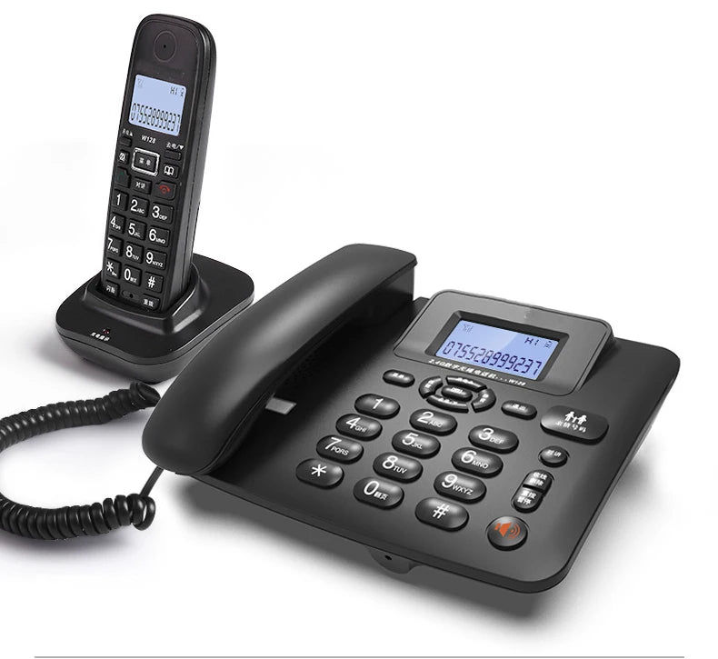Black corded base telephone with a matching cordless handset on a charging dock, both with LCD displays and keypads.