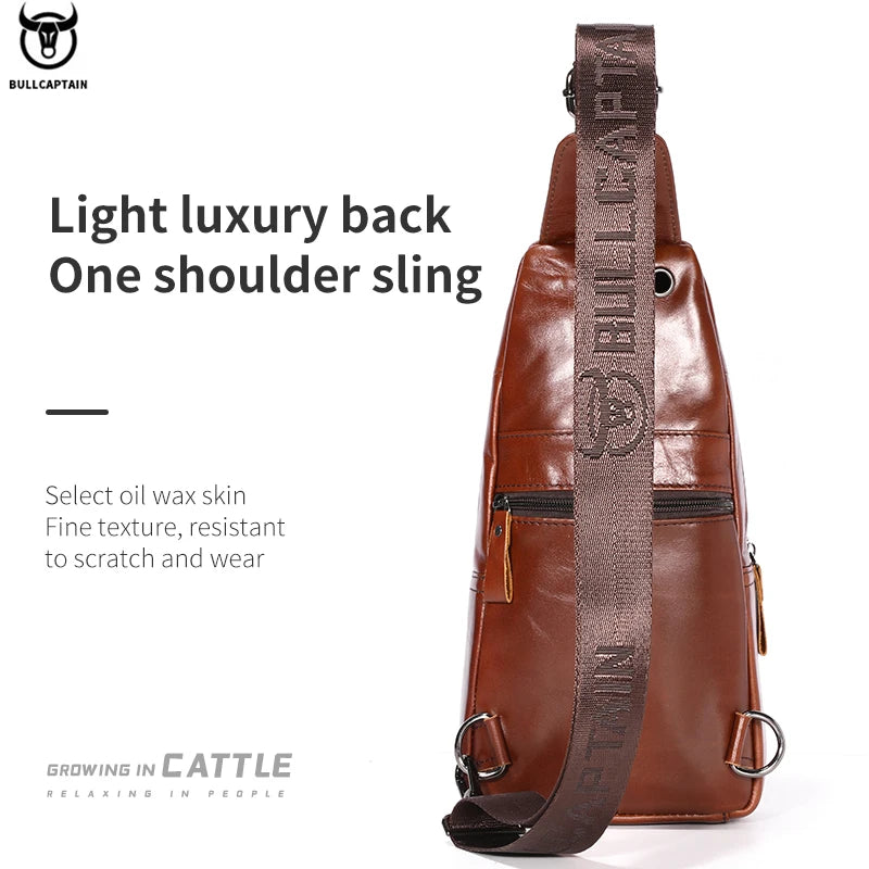 Brown leather men's crossbody sling bag with a durable oil-wax finish, zip pockets, and adjustable shoulder strap.