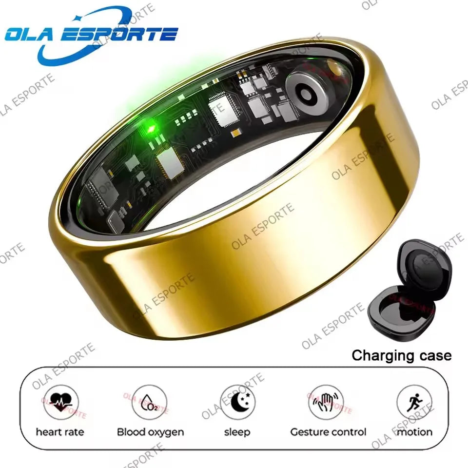 Gold smart fitness tracking ring with internal sensor lights, a black charging case, and health monitoring icons.