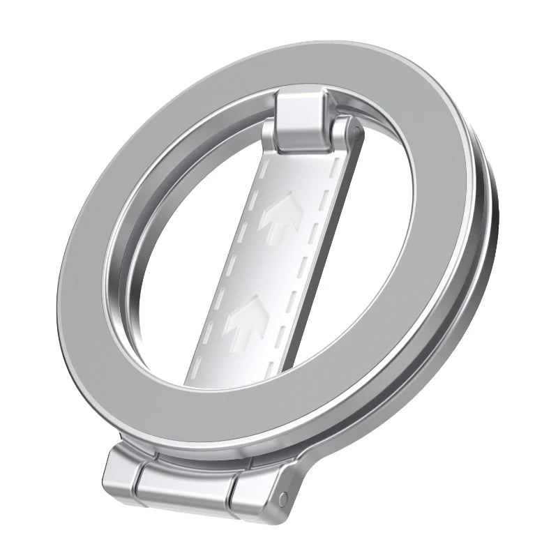 Silver ring-shaped phone stand and holder with a hinged, foldable central bar featuring arrow indicators.