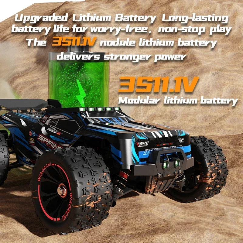 Blue and black 4WD RC monster truck with large treaded tires and front lights driving on dirt.