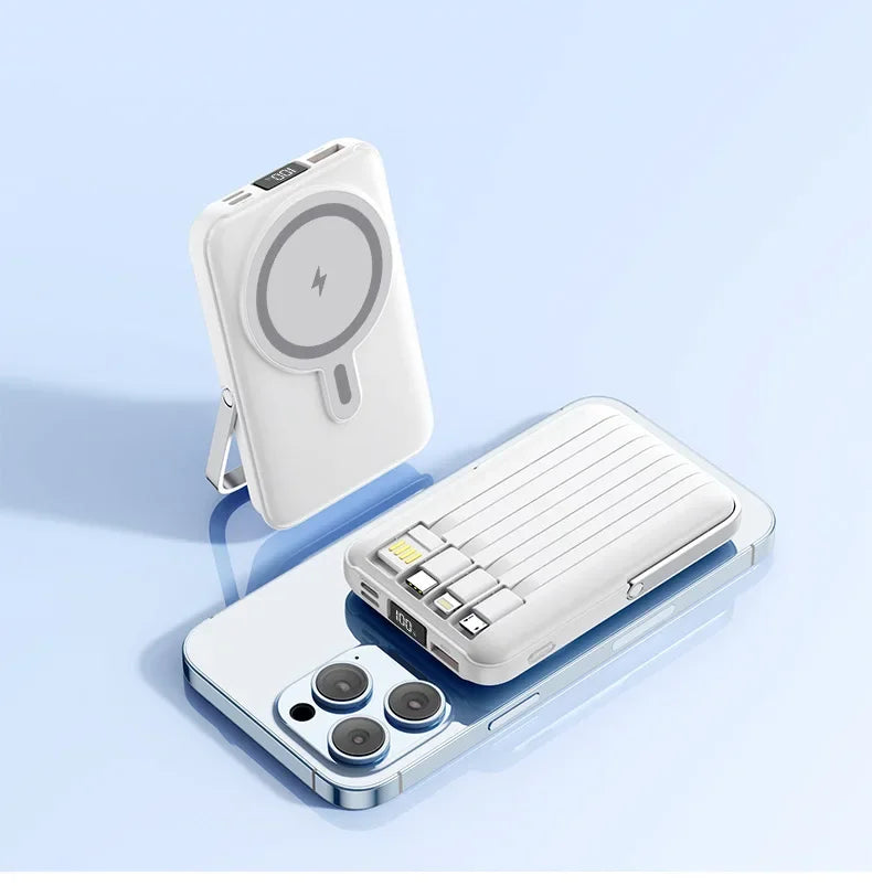 White 20000mAh magnetic power bank with integrated cables, foldable stand, and digital battery display.