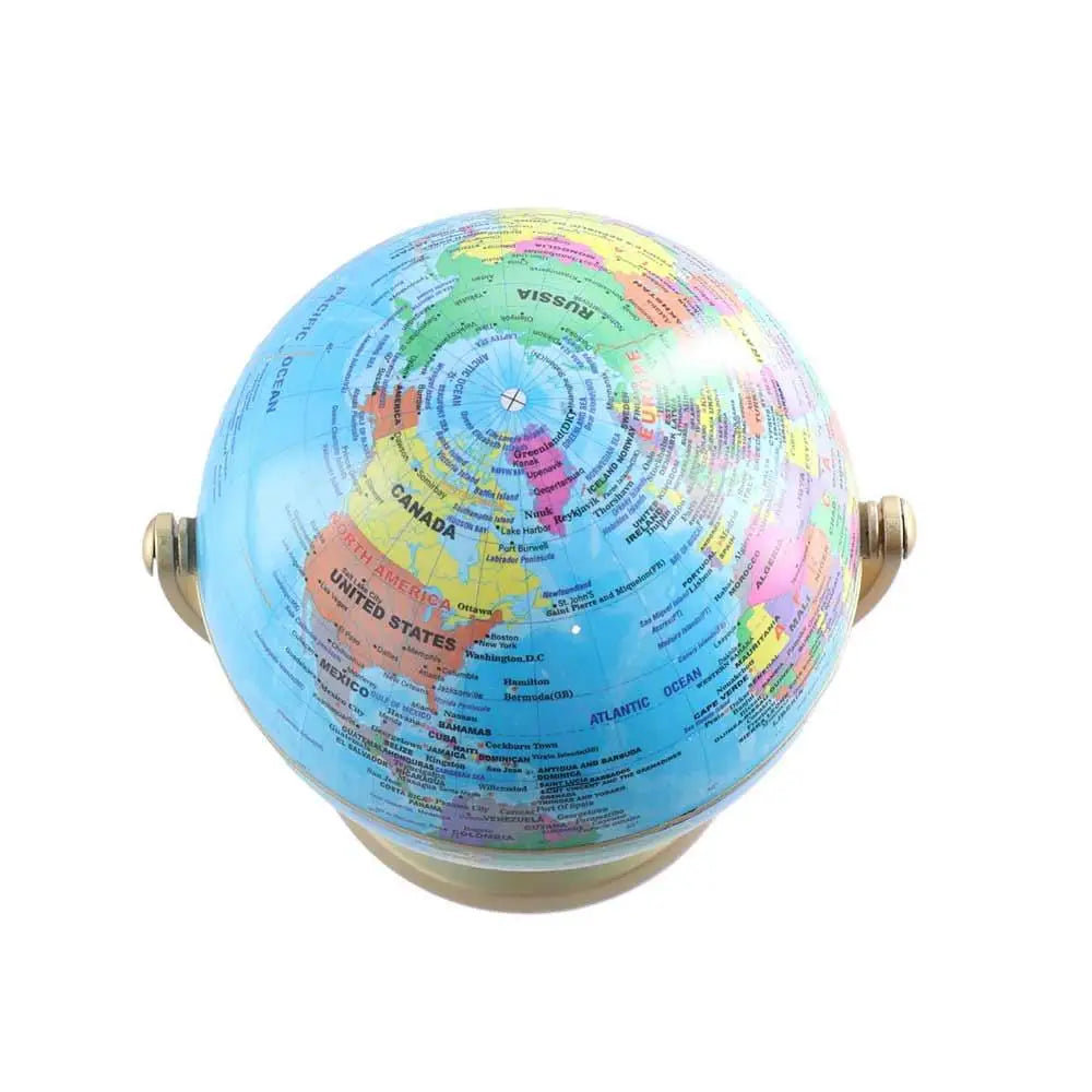 Desktop globe featuring a colourful, detailed world map on a brushed brass-effect swivel stand.