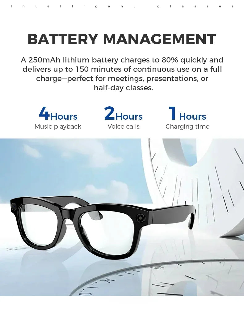 Black smart glasses with integrated HD cameras and audio, featuring a sleek, modern frame design.