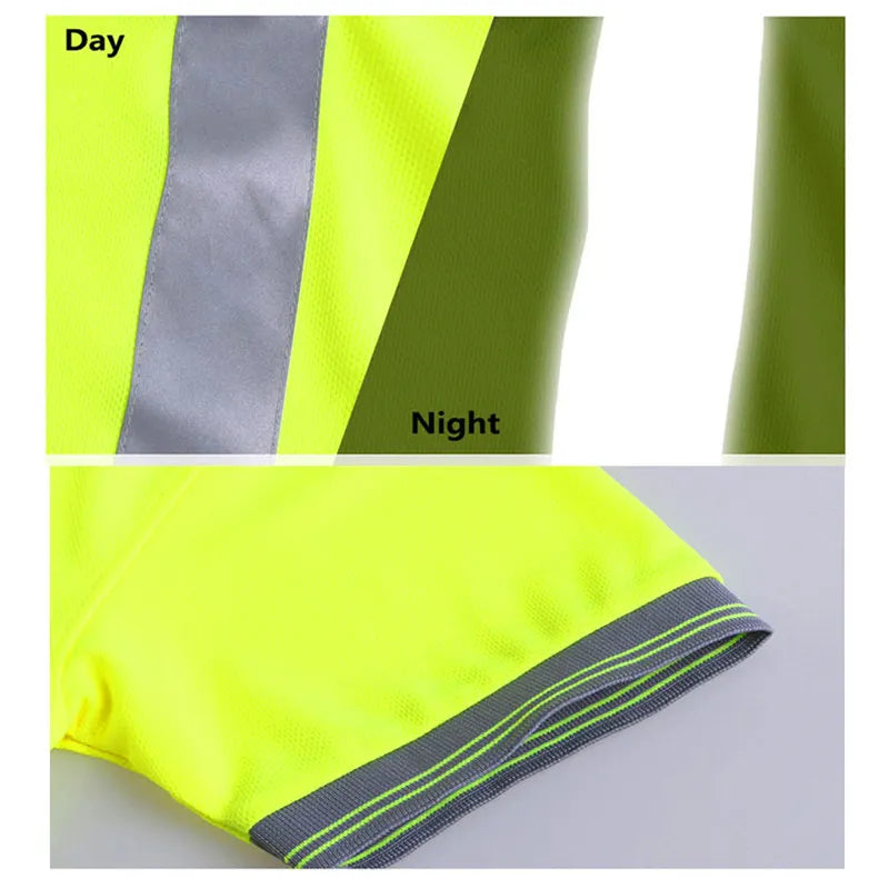 High-vis yellow polo shirt showing reflective strips for day and night visibility and a grey ribbed sleeve cuff.