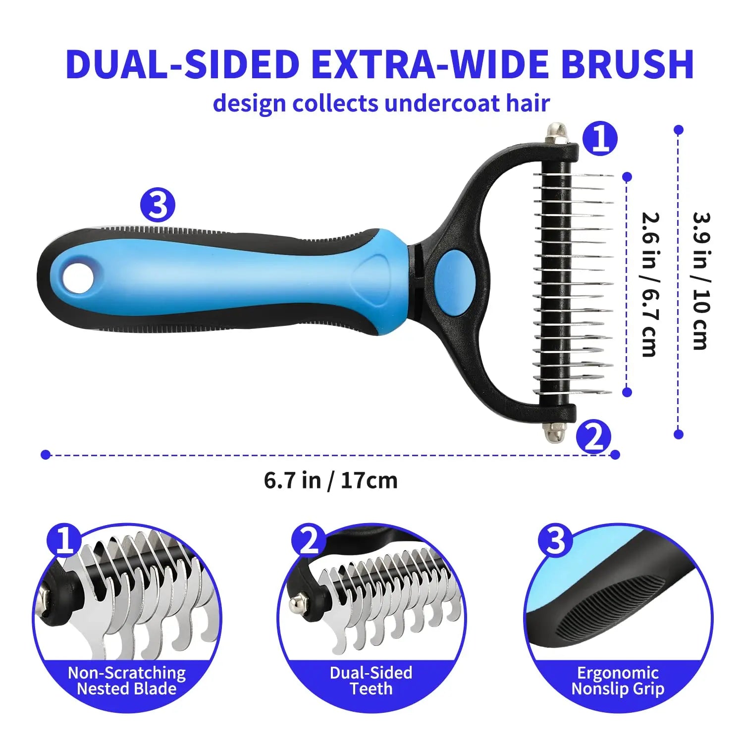 Blue and black pet grooming rake with dual-sided, non-scratching stainless steel blades and ergonomic non-slip handle.