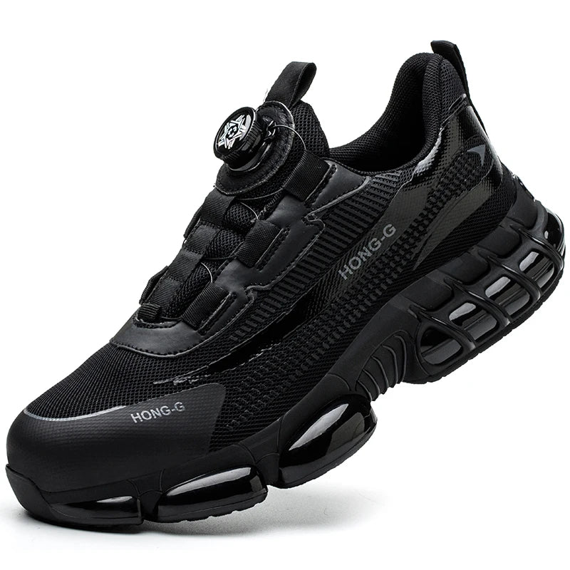 Black men’s steel-toe work trainer with a breathable mesh upper, secure dial-lacing system and chunky shock-absorber sole.