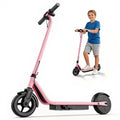 Pink AOVOPRO kids' electric scooter with black wheels and handlebars, shown alone and ridden by a child.