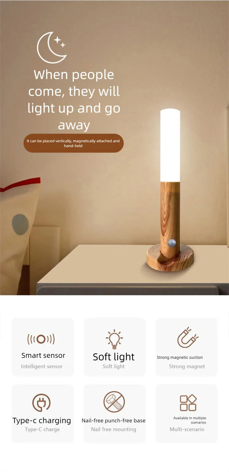 A modern, wooden-effect LED night light with a motion sensor, magnetic base, and rechargeable USB-C battery.