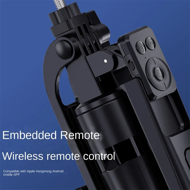 Black plastic smartphone selfie stick featuring an integrated wireless remote control panel and a threaded mount.