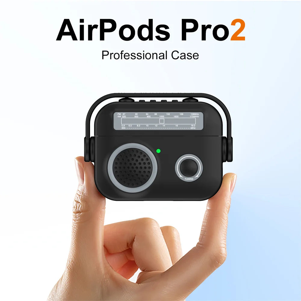 Black retro radio-style silicone case for Apple AirPods Pro 2, held in hand.