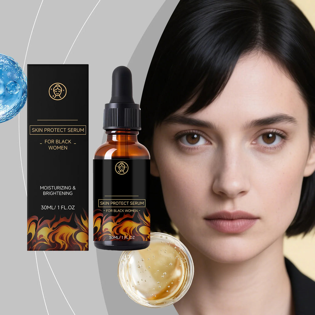 30ml moisturizing and brightening skin protect serum in an amber dropper bottle with flame-patterned black packaging.