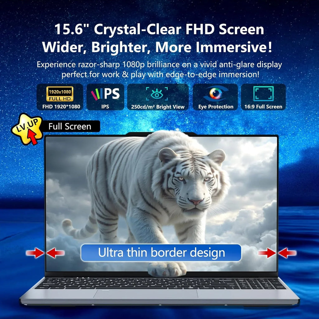 Sleek silver 15.6-inch laptop with ultra-thin bezels and a vivid FHD display showing a white tiger.