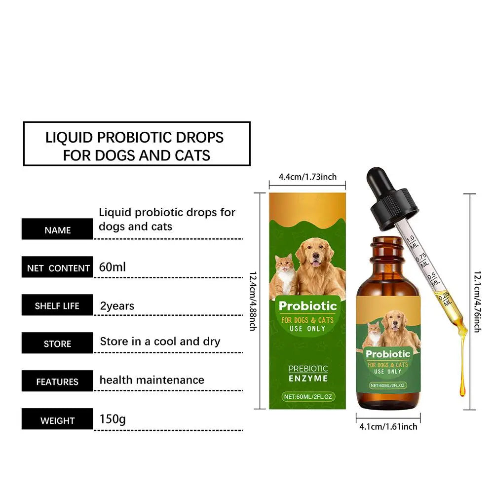 60ml liquid probiotic drops for dogs and cats in a brown bottle with a marked glass dropper and informative packaging.