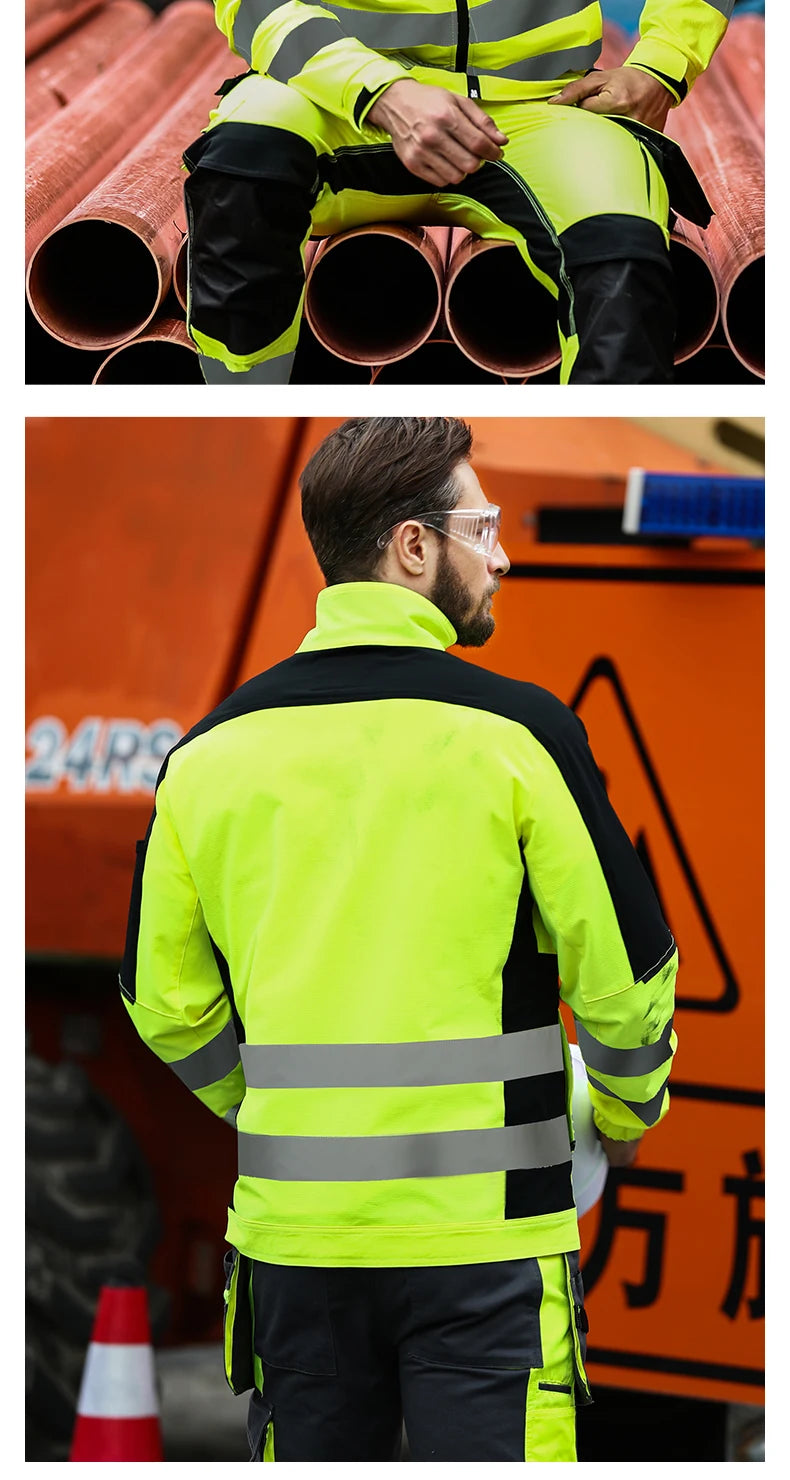 High-visibility yellow and black work jacket with reflective strips, high collar, and durable fabric construction.