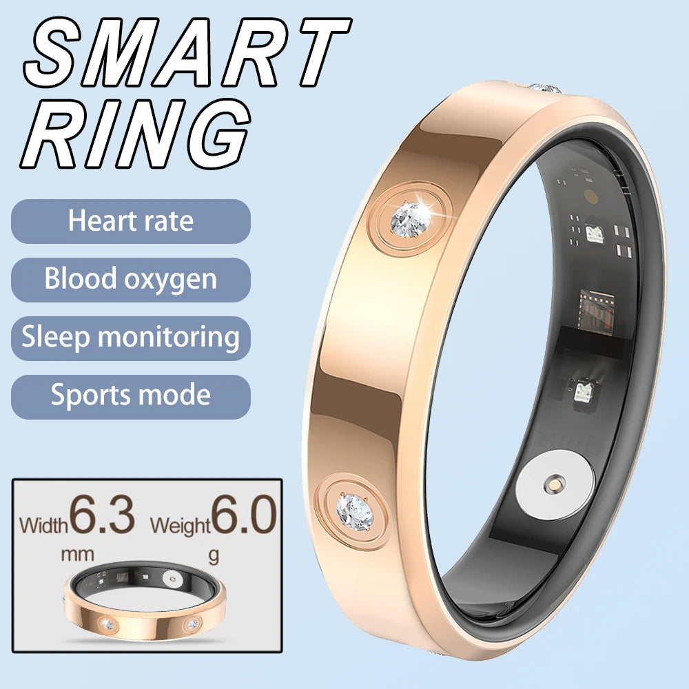 Slim rose gold smart fitness ring featuring inset crystals, internal health sensors, and a smooth, polished finish.