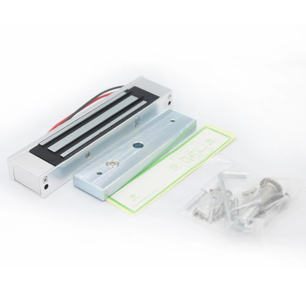 Silver metal electromagnetic door lock kit with mounting hardware, armature plate, and installation guide.